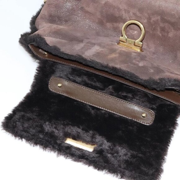 Salvatore Ferragamo Gancini Hand Bag Mouton 2way Brown Gold Auth 121725 - Picture 11 of 16